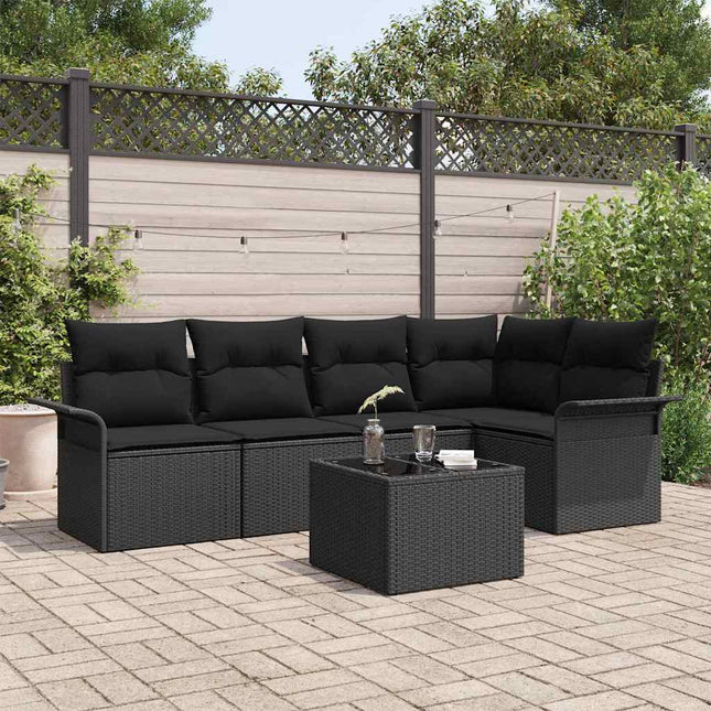 Havesofa Sæt med pude med opbevaring 6 pcs Sort Poly rattan