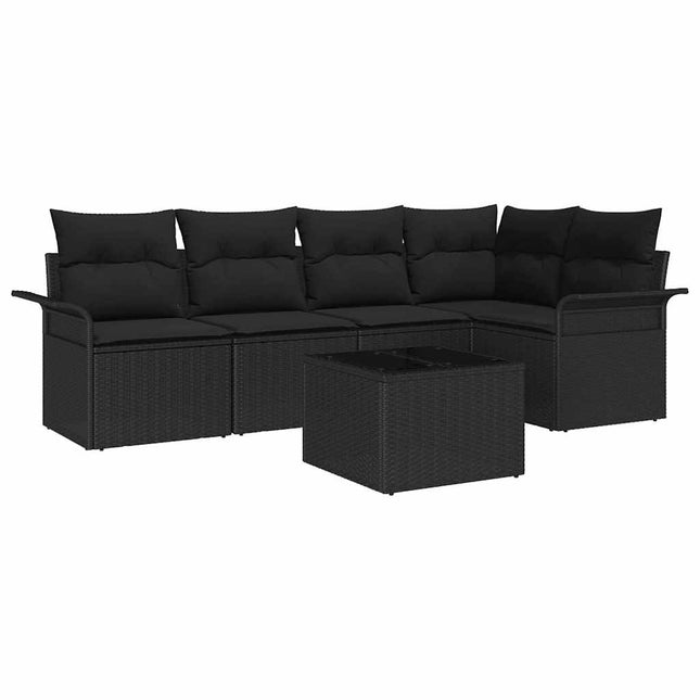 Havesofa Sæt med pude med opbevaring 6 pcs Sort Poly rattan