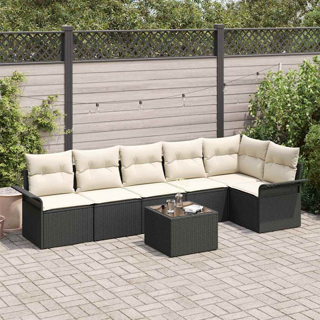 Havesofa Sæt med pude med opbevaring 7 pcs Sort Poly rattan
