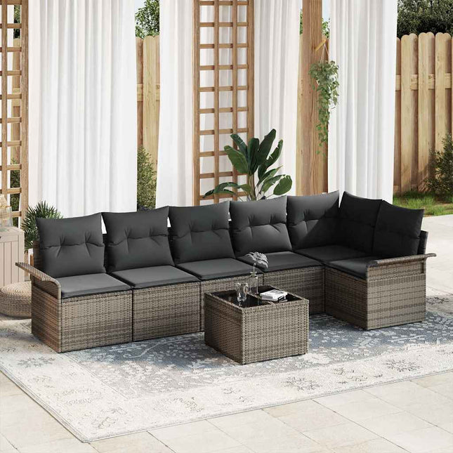 Havesofa Sæt med pude med opbevaring 7 pcs Grå Poly rattan