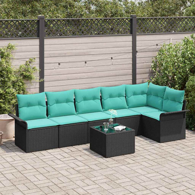 Havesofa Sæt med pude med opbevaring 7 pcs Sort Poly rattan