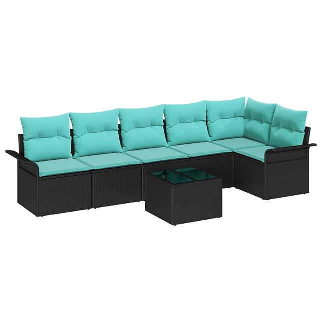 Havesofa Sæt med pude med opbevaring 7 pcs Sort Poly rattan