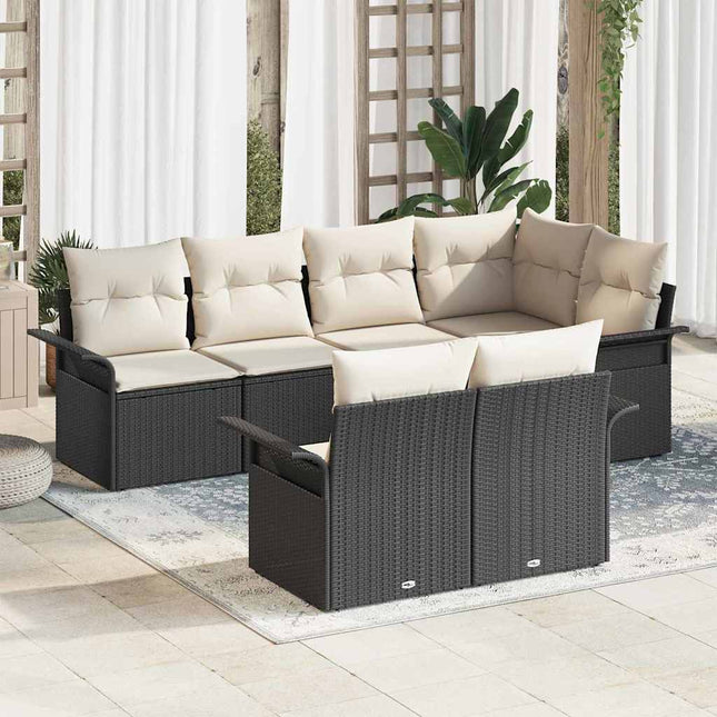 Havesofa Sæt med pude med opbevaring 7 pcs Sort Poly rattan