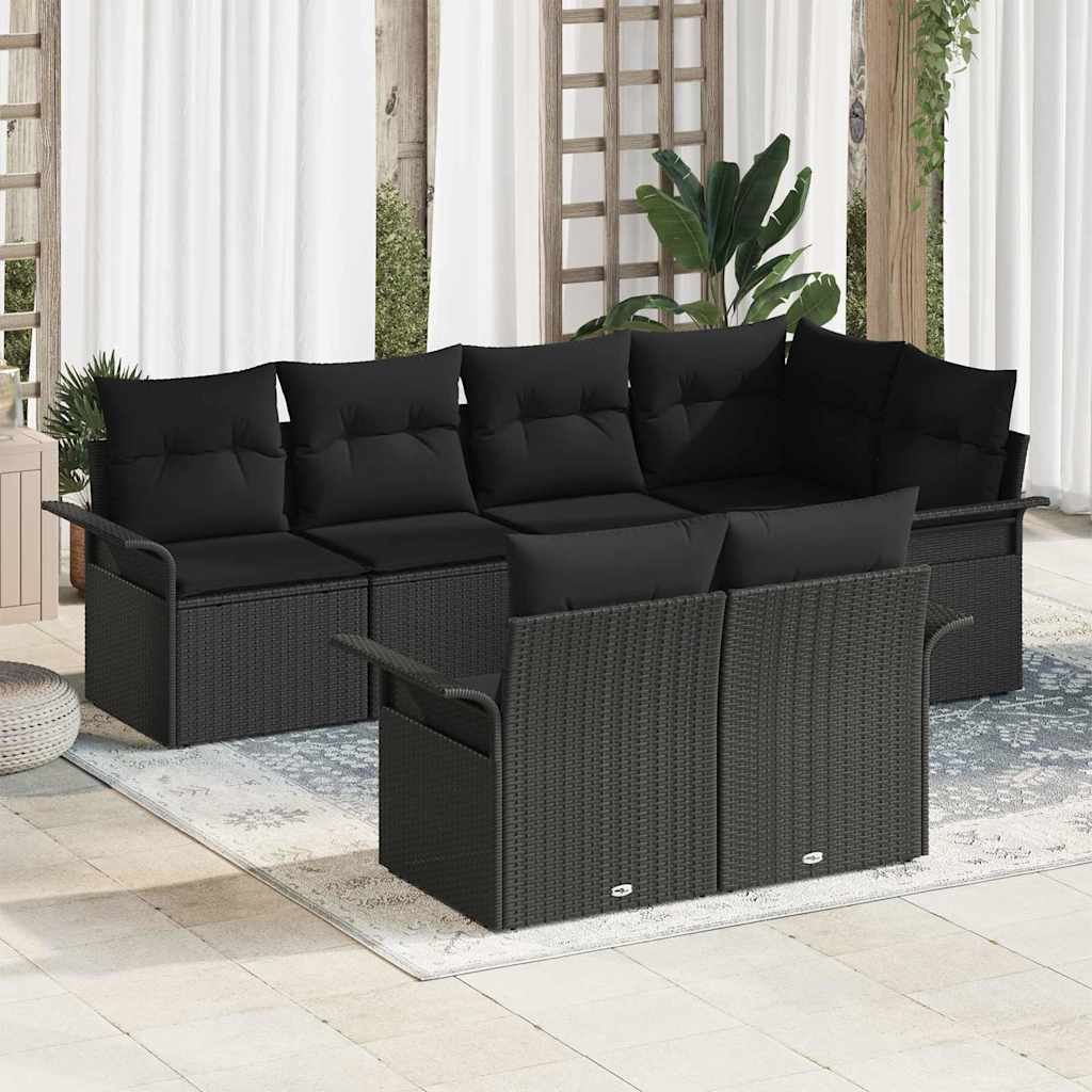 Havesofa Sæt med pude med opbevaring 7 pcs Sort Poly rattan