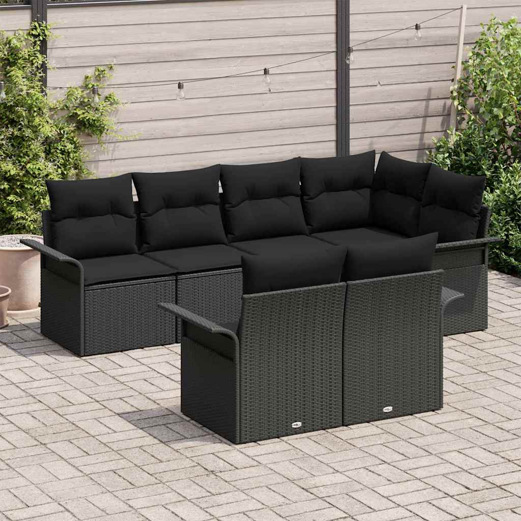 Havesofa Sæt med pude med opbevaring 7 pcs Sort Poly rattan