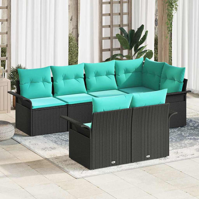 Havesofa Sæt med pude med opbevaring 7 pcs Sort Poly rattan