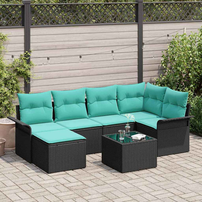 Havesofa Sæt med opbevaring 7 pcs Sort polyrattan