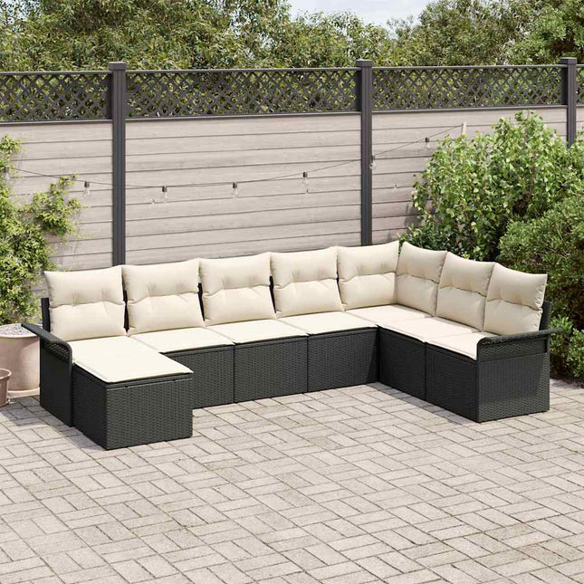 Havesofa Sæt med pude med opbevaring 8 pcs Sort Poly rattan