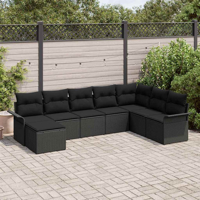 Havesofa Sæt med pude med opbevaring 8 pcs Sort Poly rattan