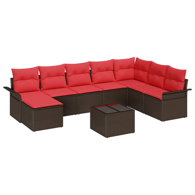 Havesofa Sæt med pude med opbevaring 9 pcs Brun Poly rattan