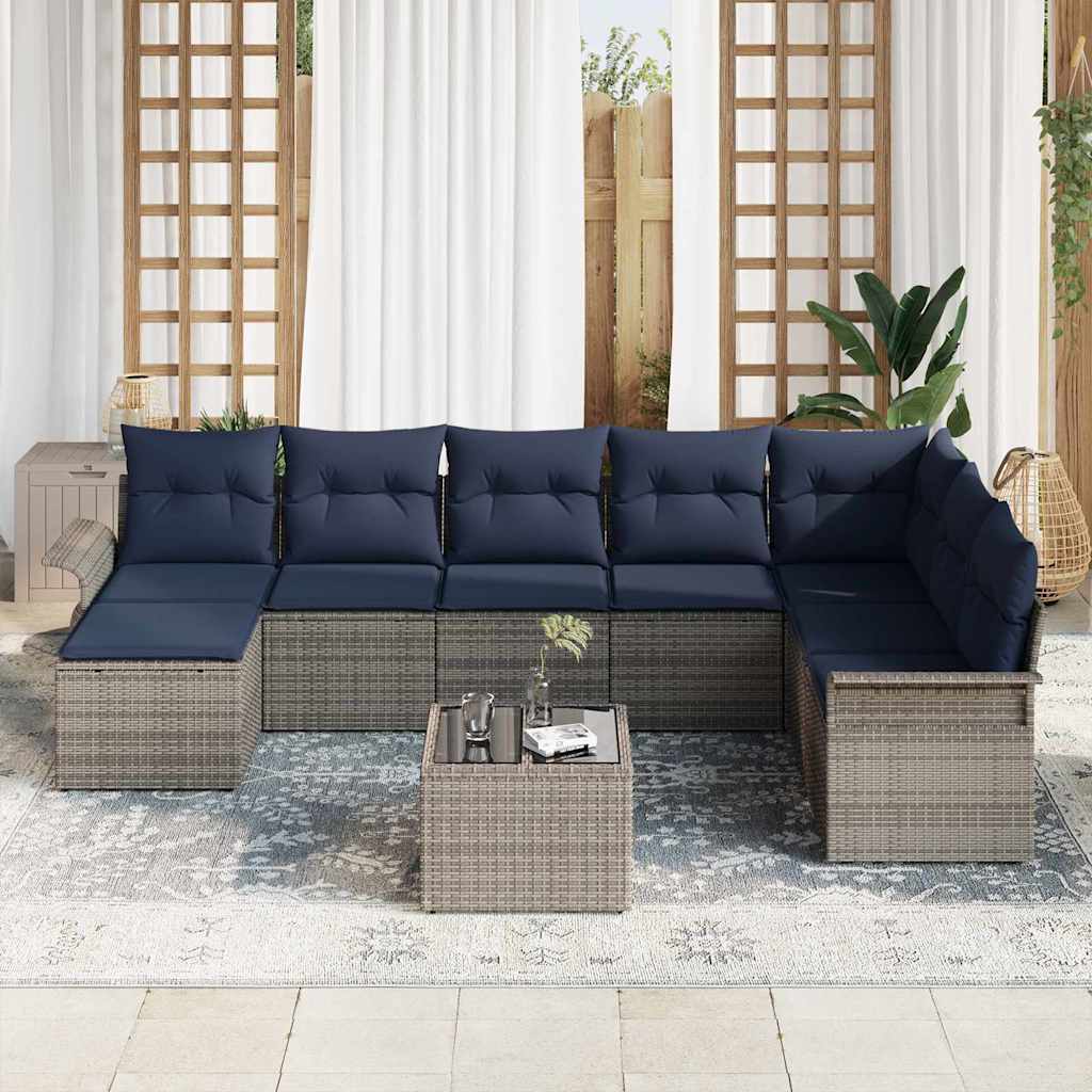 Havesofa Sæt med pude med opbevaring 9 pcs Grå Poly rattan