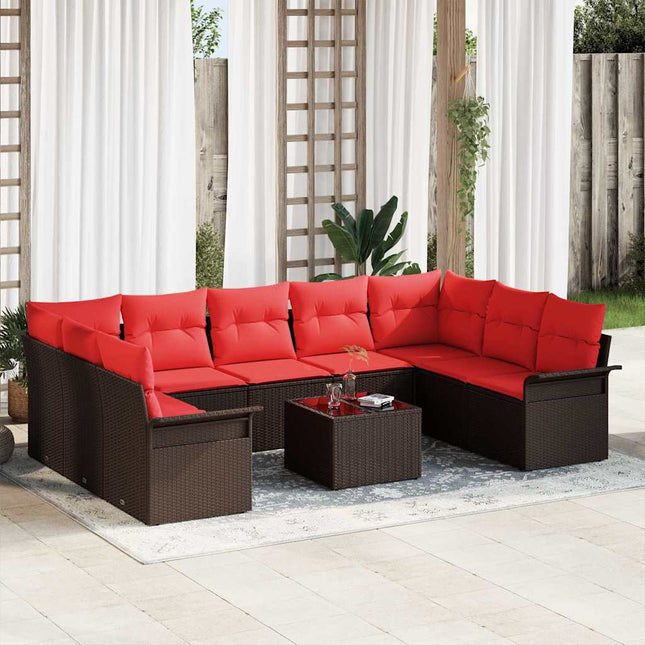Havesofa Sæt med pude med opbevaring 10 pcs Brun Poly rattan