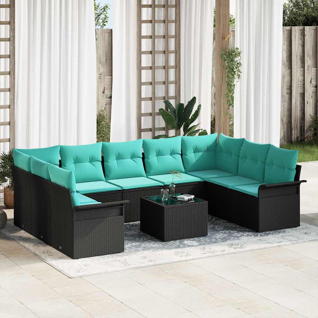 Havesofa Sæt med pude med opbevaring 10 pcs Sort Poly rattan