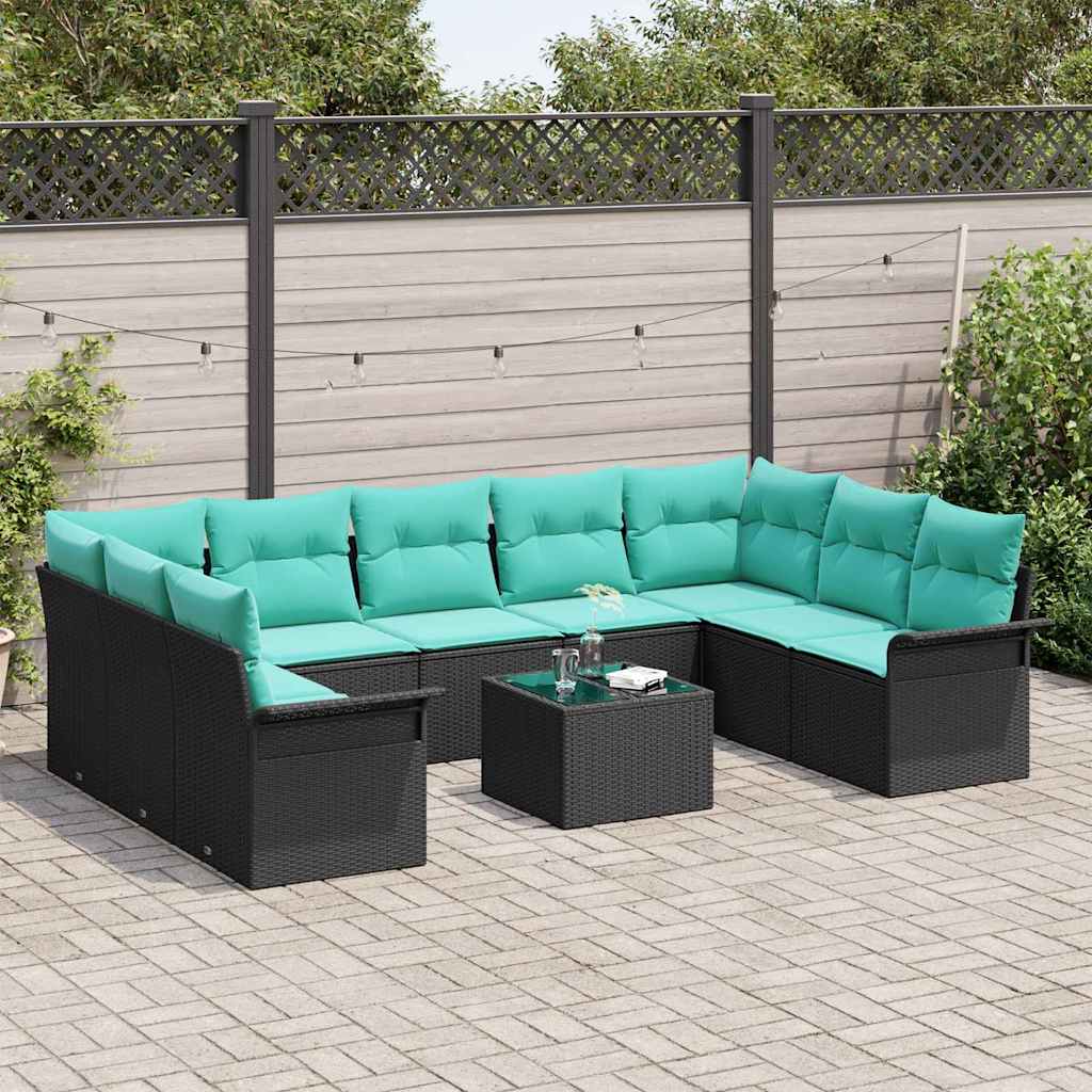 Havesofa Sæt med pude med opbevaring 10 pcs Sort Poly rattan