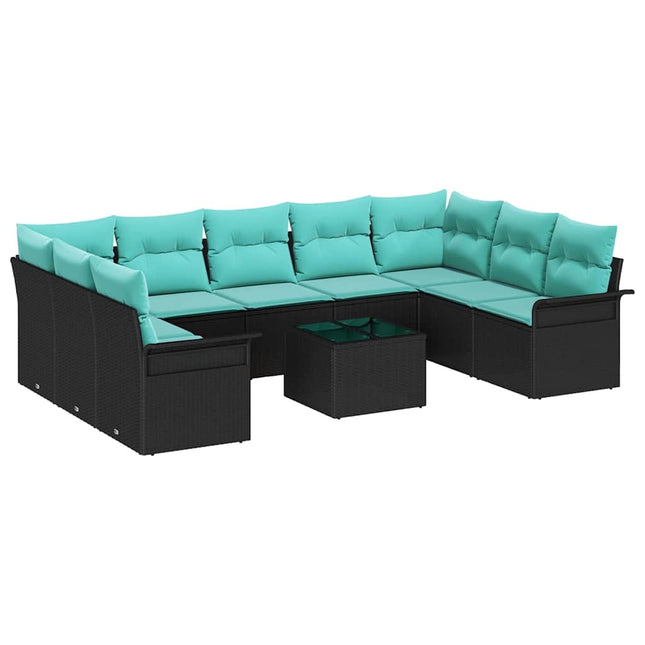 Havesofa Sæt med pude med opbevaring 10 pcs Sort Poly rattan