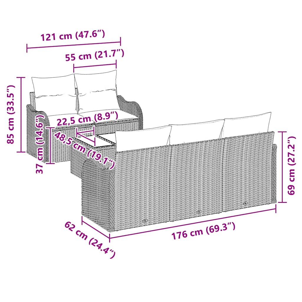 Havesofa Sæt 6 pcs Sort og Cream Polyrattan og stål og glas