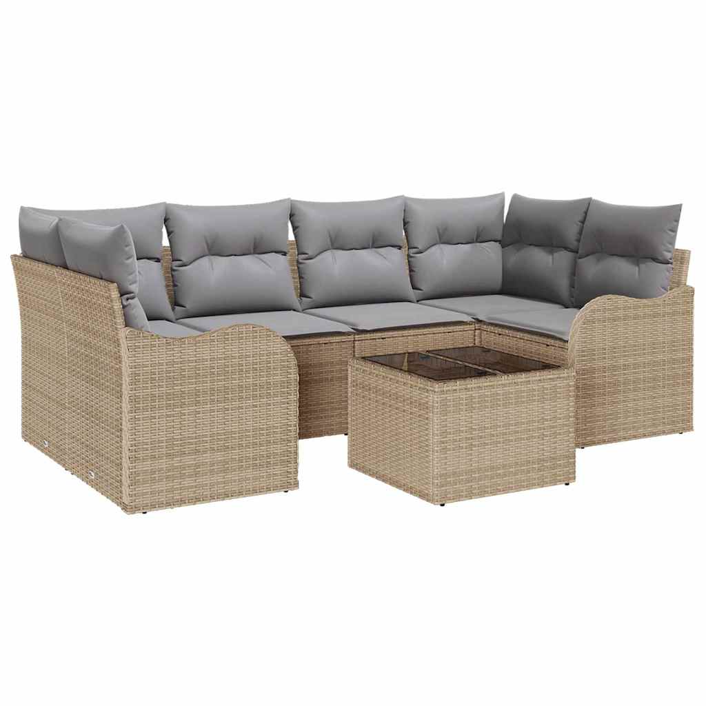 Havesofa Sæt 7 pcs Beige og grå Polyrattan og stål og glas