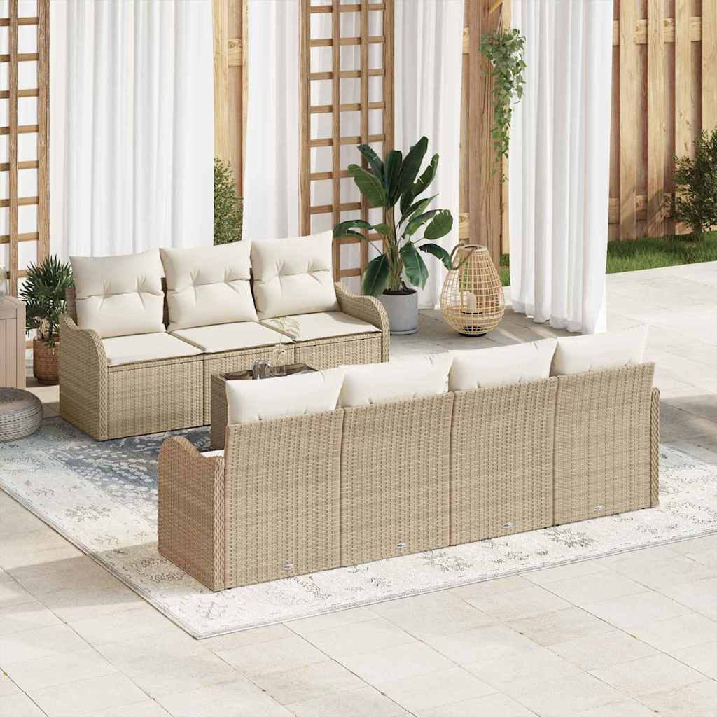 Havesofa Sæt 8 pcs Beige og creme Poly Rattan og Stål og Glas