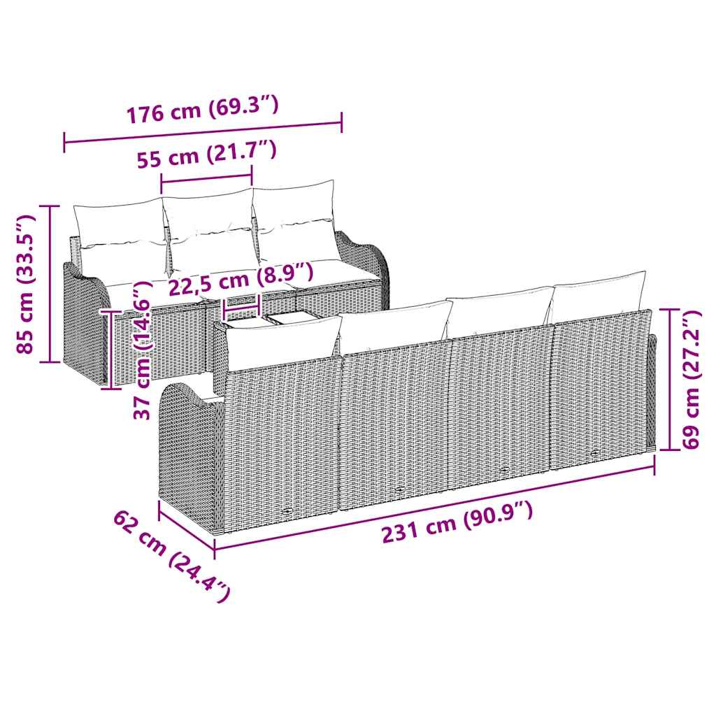 Havesofa Sæt med pude 8 pcs Sort Poly Rattan og Stål og Glas