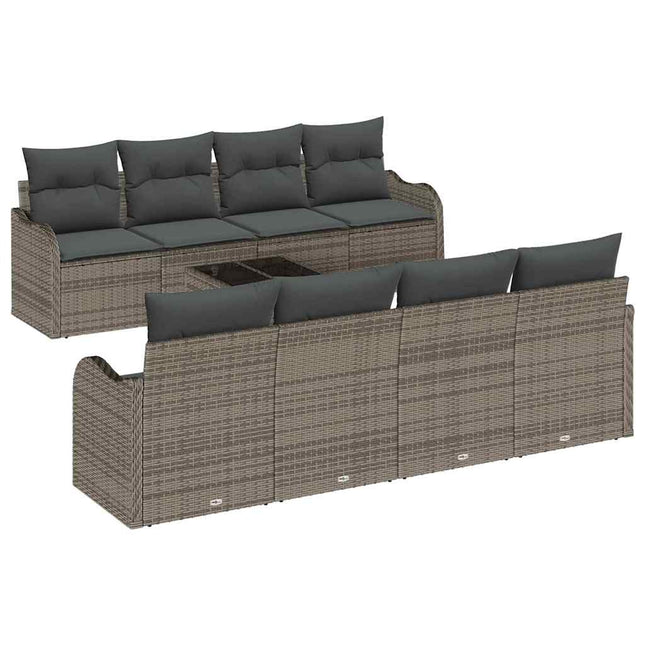 Havesofa Sæt med pude 9 pcs Grå Poly Rattan og Stål og Glas