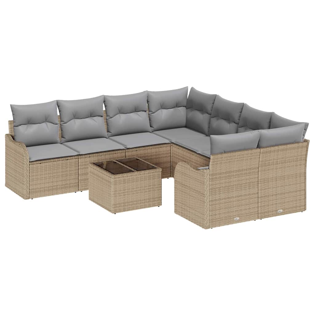 Havesofa Sæt 9 pcs Beige og grå Poly Rattan og Stål og Glas
