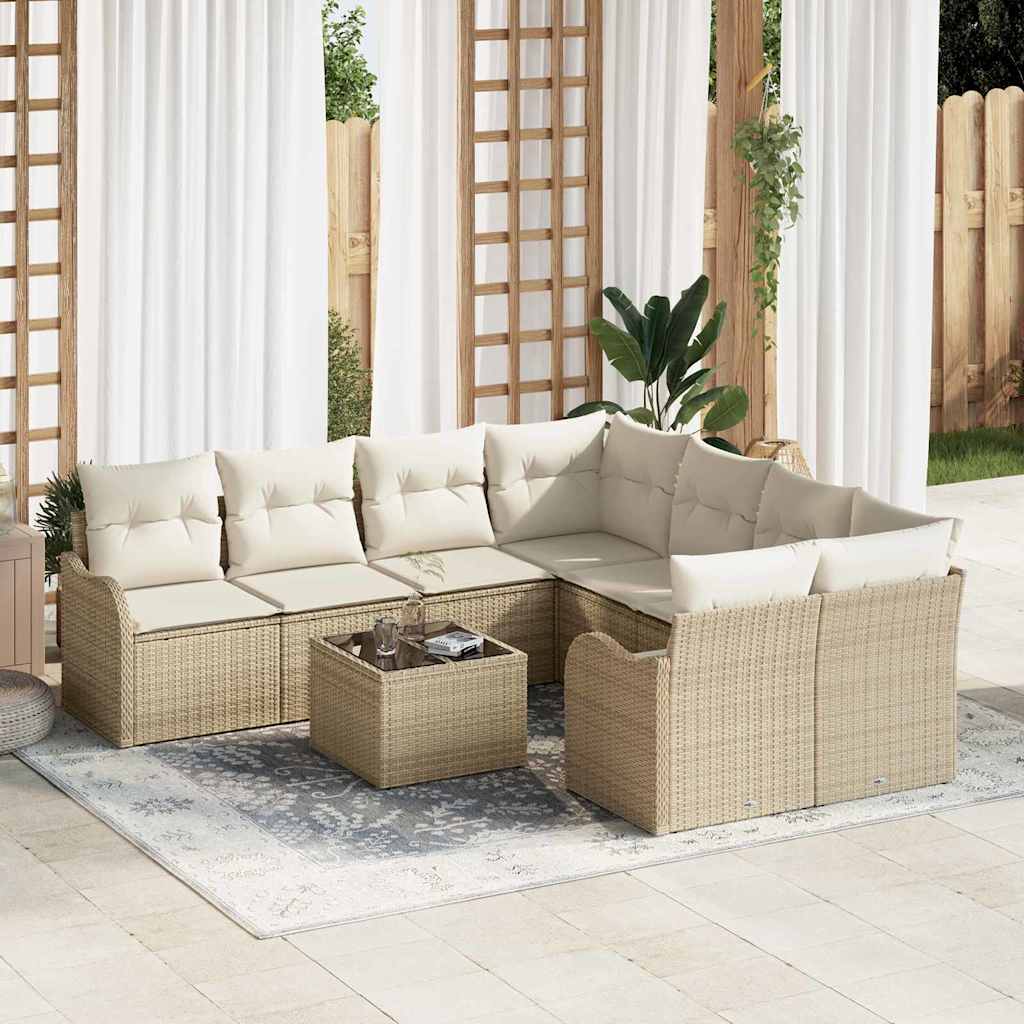 Havesofa Sæt 9 pcs Beige og creme Poly Rattan og Stål og Glas