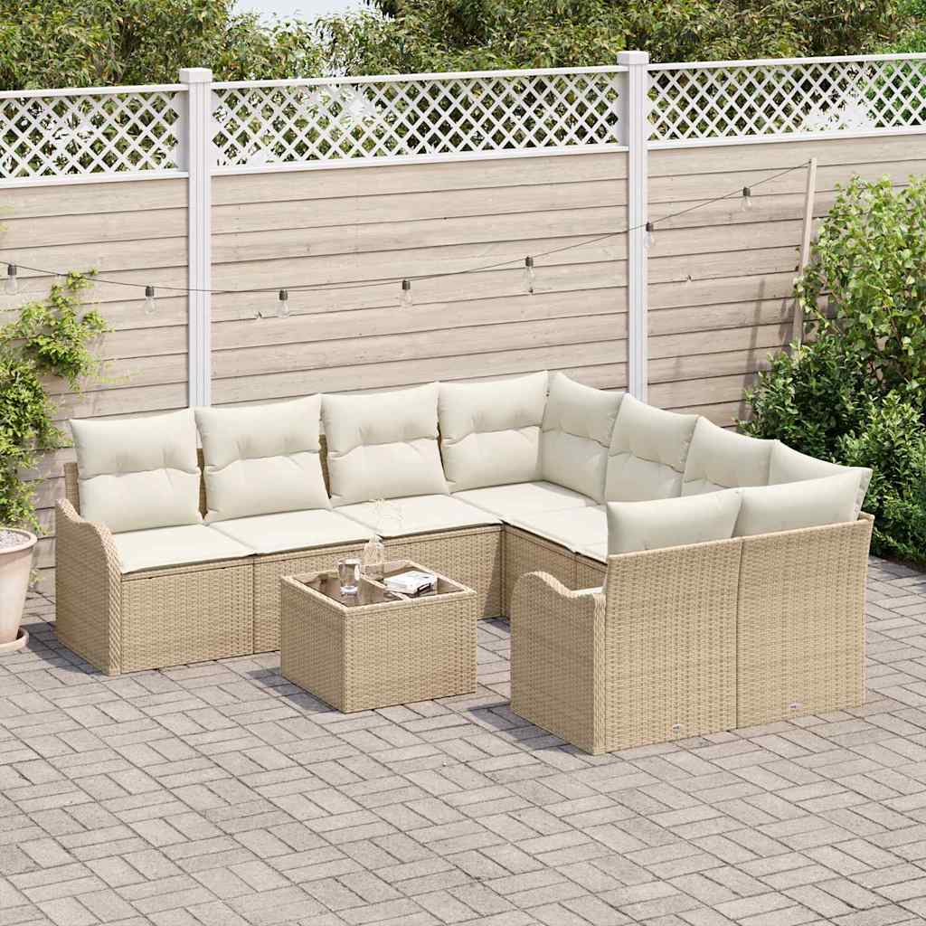 Havesofa Sæt 9 pcs Beige og creme Poly Rattan og Stål og Glas