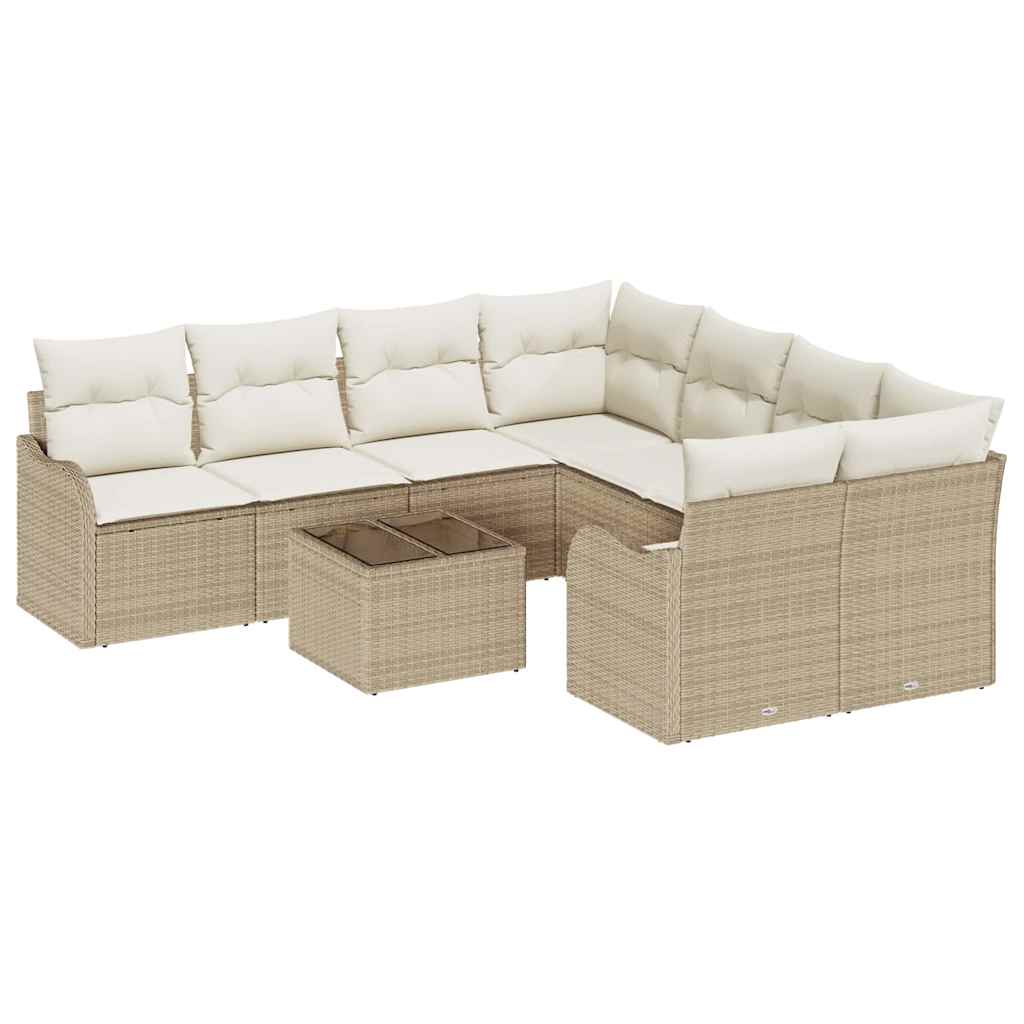 Havesofa Sæt 9 pcs Beige og creme Poly Rattan og Stål og Glas