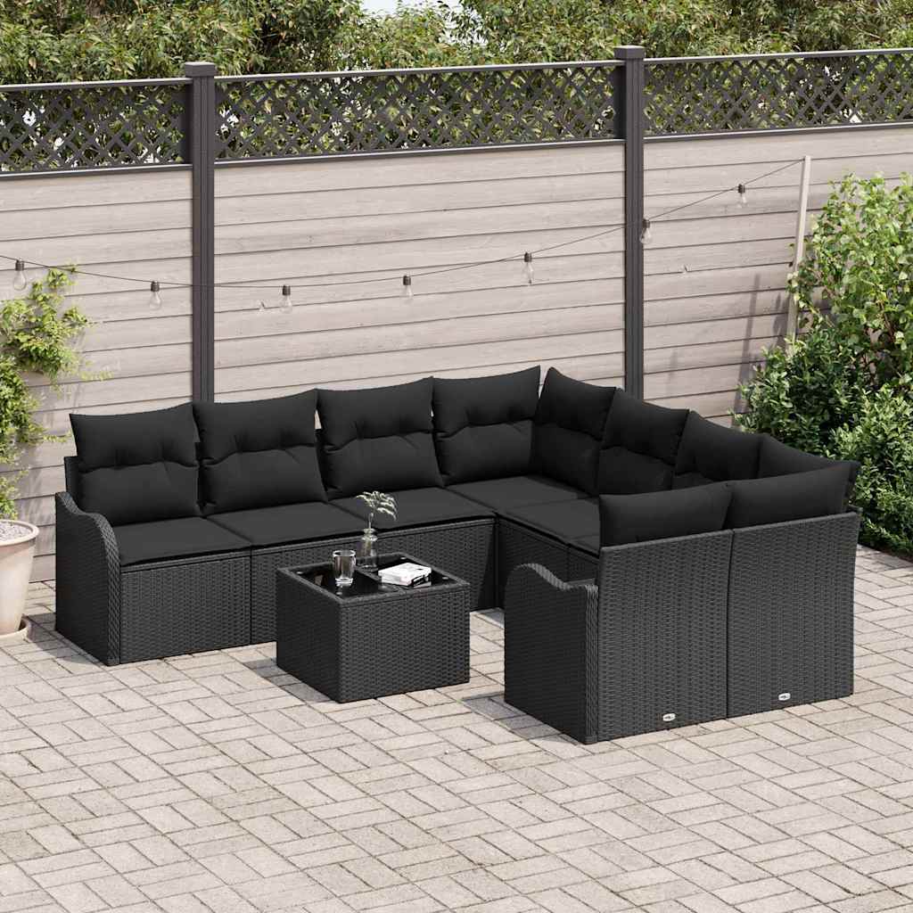 Havesofa Sæt med pude 9 pcs Sort Poly Rattan og Stål og Glas