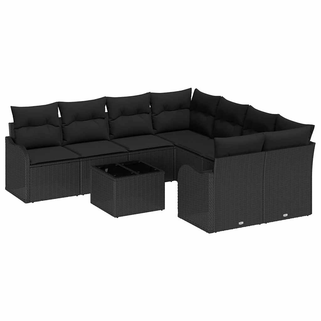 Havesofa Sæt med pude 9 pcs Sort Poly Rattan og Stål og Glas