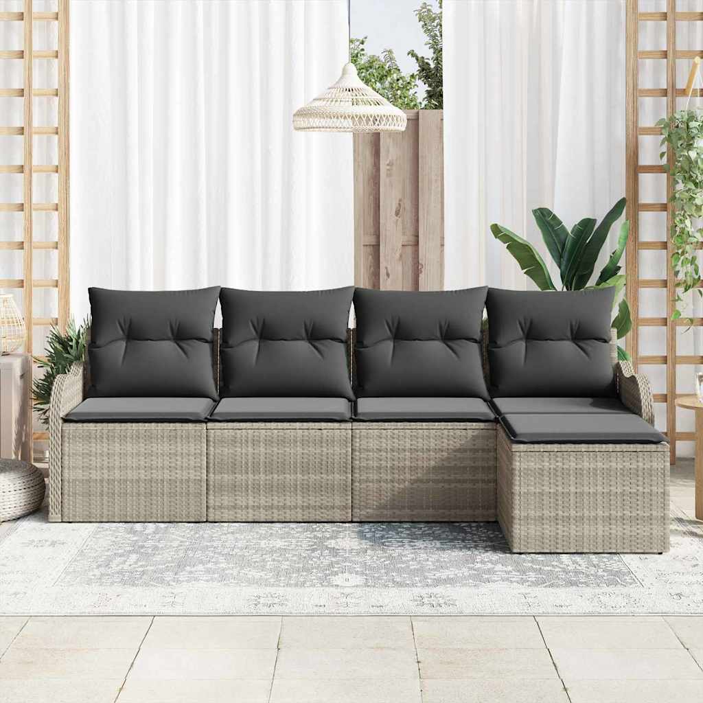 Havesofa Sæt med pude med opbevaring 5 pcs Lysegrå Poly rattan