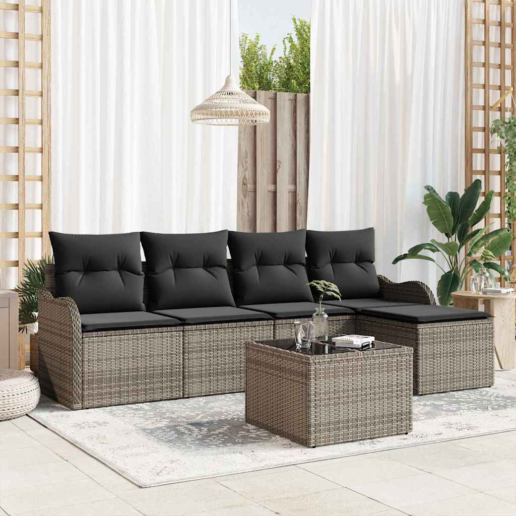 Havesofa Sæt med pude med opbevaring 6 pcs Sort Poly rattan