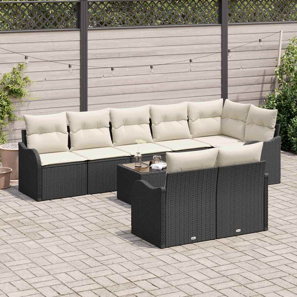 Havesofa Sæt med pude 9 pcs Sort og hvid Poly rattan