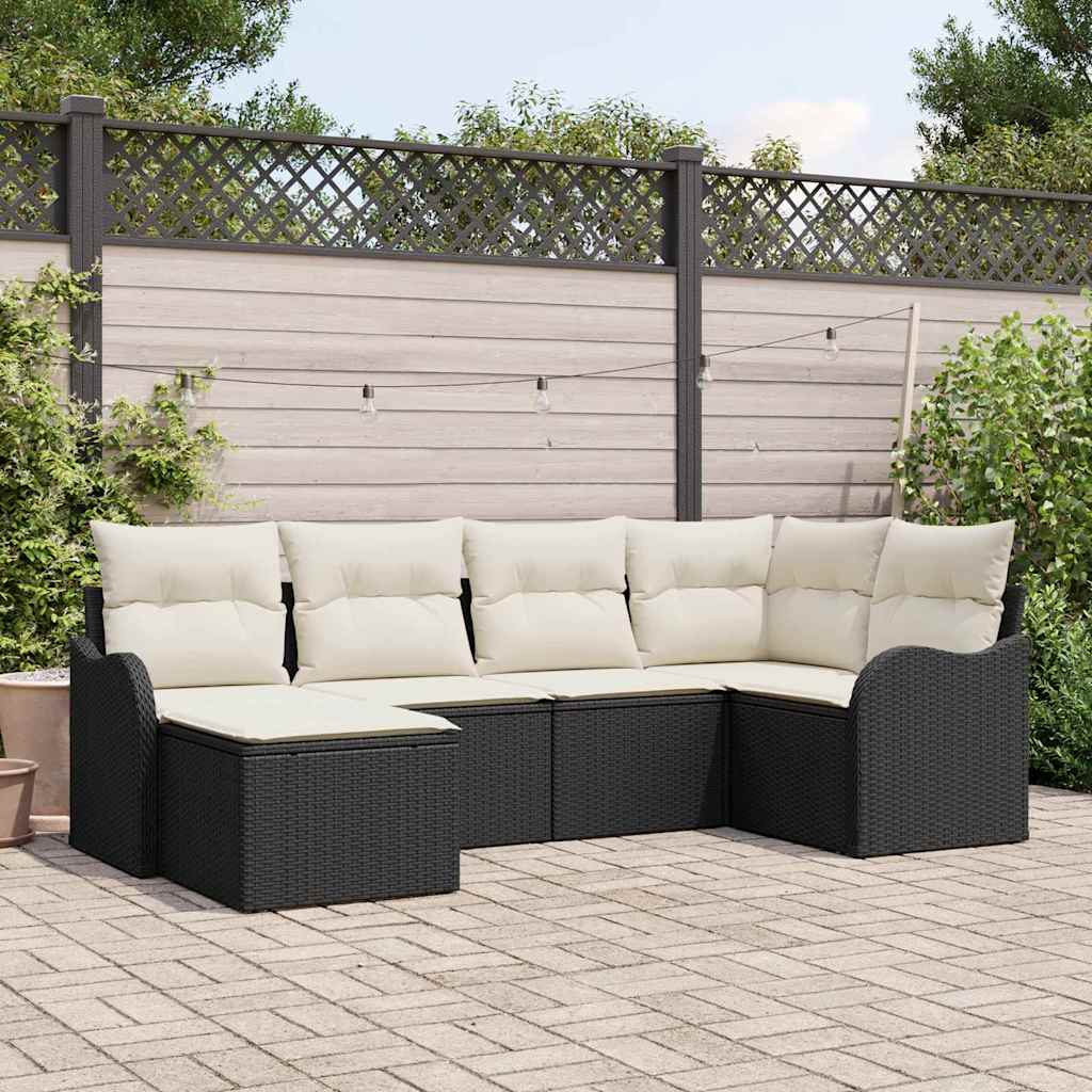 Havesofa Sæt med pude 6 pcs Sort og hvid Poly rattan