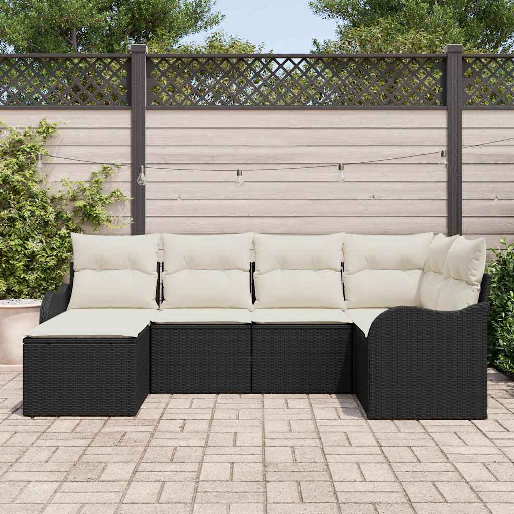 Havesofa Sæt med pude 6 pcs Sort og hvid Poly rattan