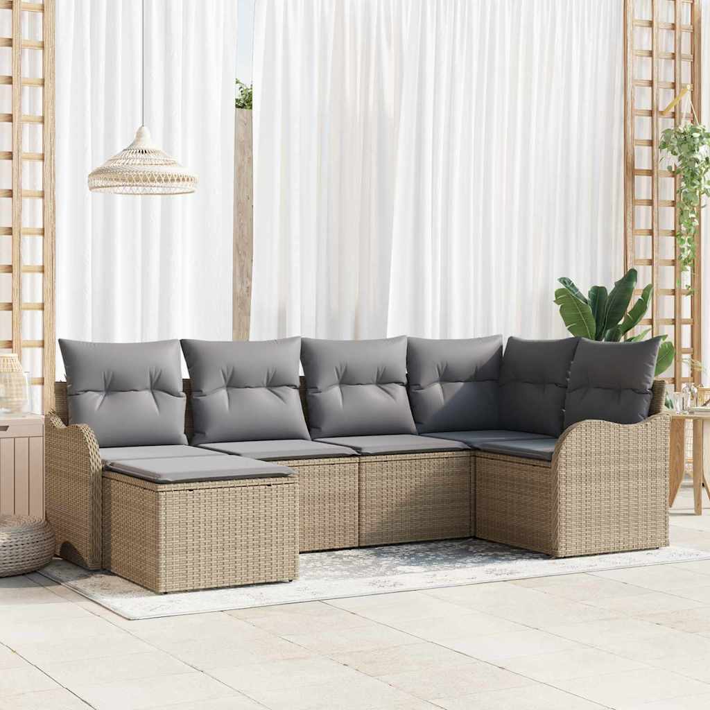 Havesofa Sæt med pude 6 pcs beige og lysegrå Poly rattan