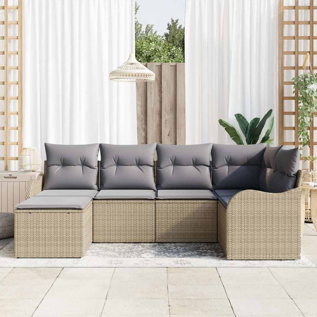 Havesofa Sæt med pude 6 pcs beige og lysegrå Poly rattan