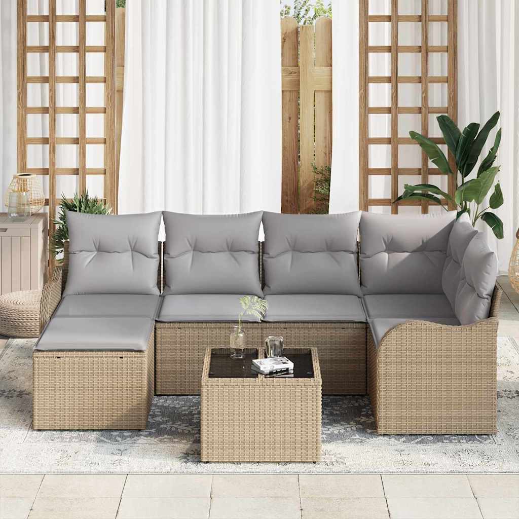 Havesofa Sæt med pude 7 pcs beige og lysegrå Poly rattan