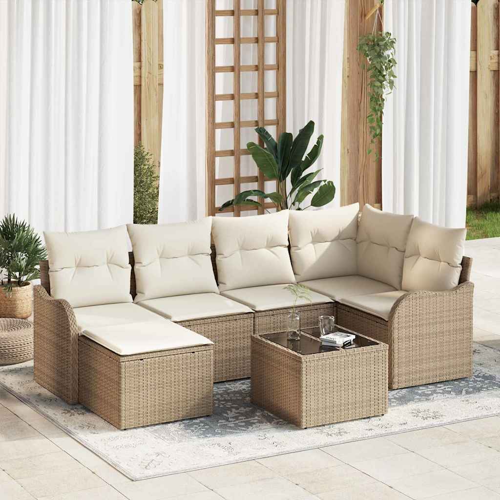 Havesofa Sæt med pude 7 pcs Beige og hvid Poly rattan