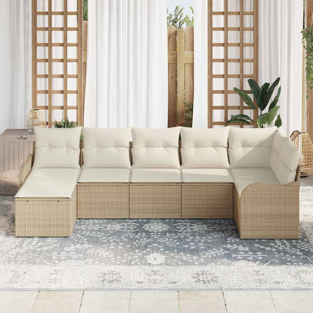 Havesofa Sæt med pude 7 pcs Beige og hvid Poly rattan