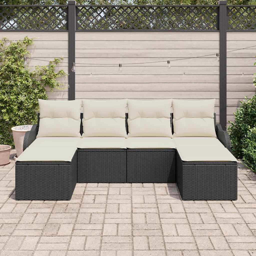 Havesofa Sæt med pude 6 pcs Sort og hvid Poly rattan