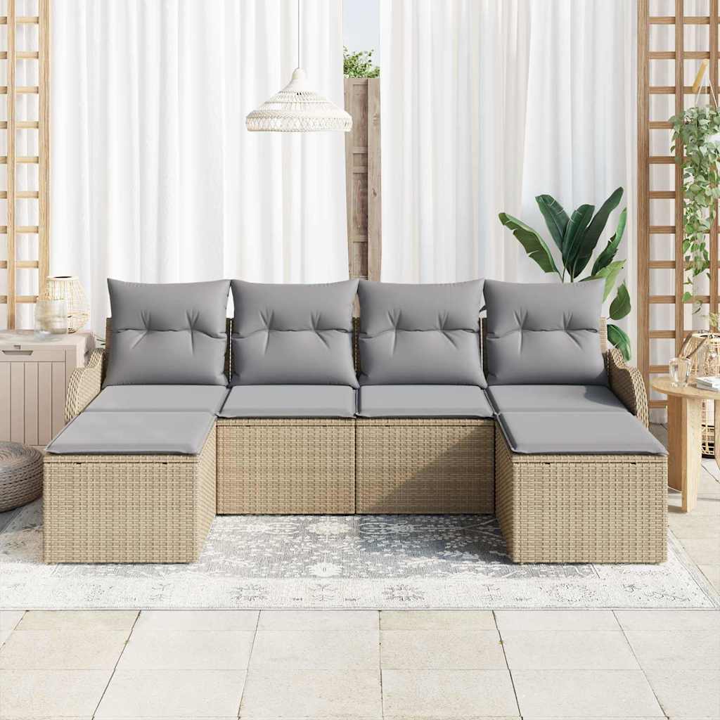 Havesofa Sæt med pude 6 pcs beige og lysegrå Poly rattan