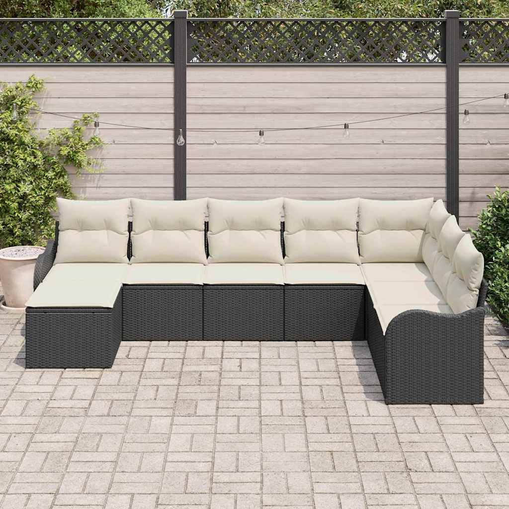 Havesofa Sæt med pude 8 pcs Sort og hvid Poly rattan