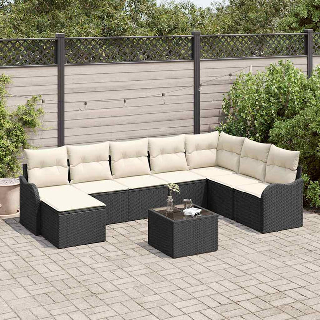 Havesofa Sæt med pude 9 pcs Sort og hvid Poly rattan