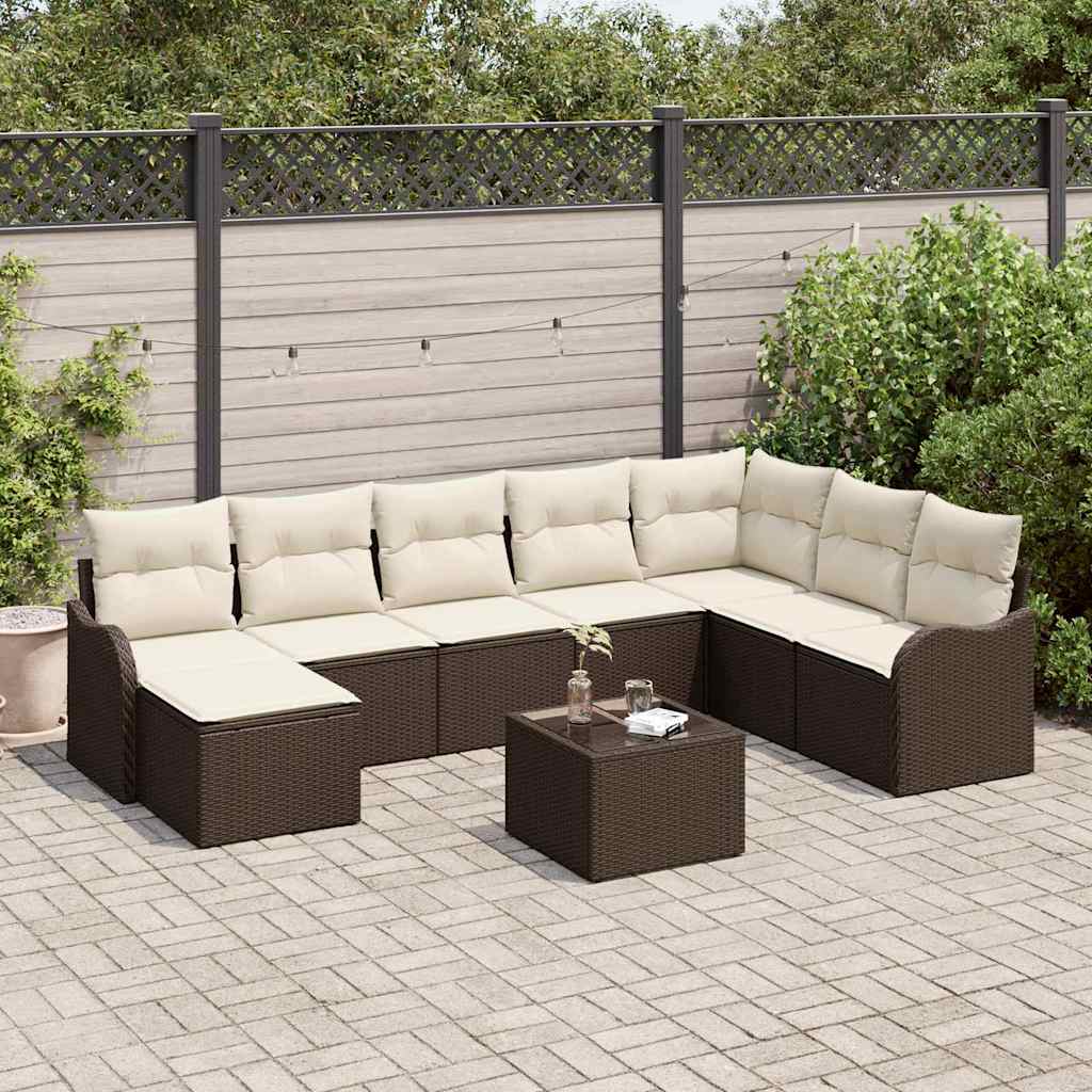 Havesofa Sæt med pude 9 pcs Brun og hvid Poly rattan