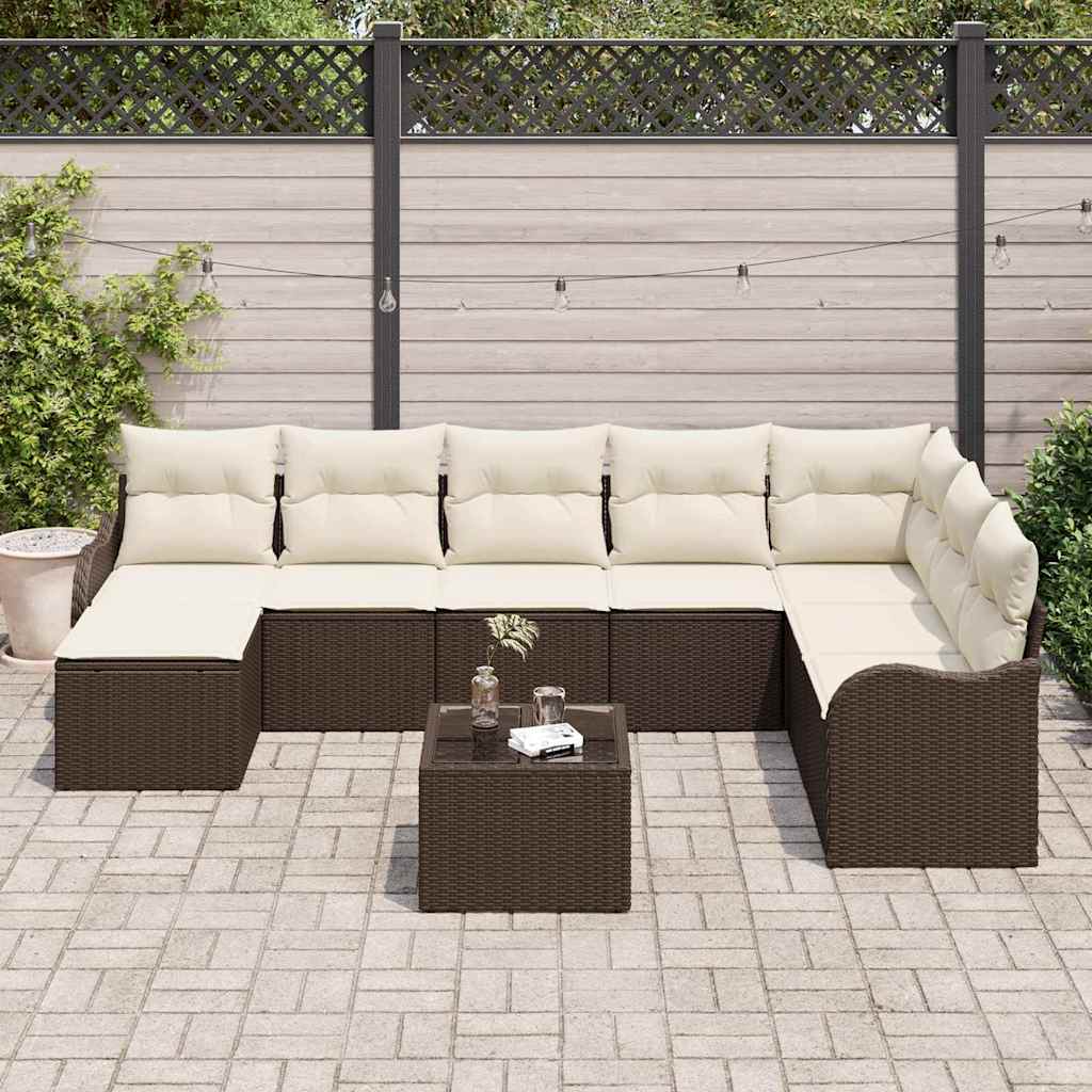 Havesofa Sæt med pude 9 pcs Brun og hvid Poly rattan
