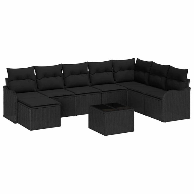 Havesofa Sæt med pude 9 pcs Sort Poly rattan