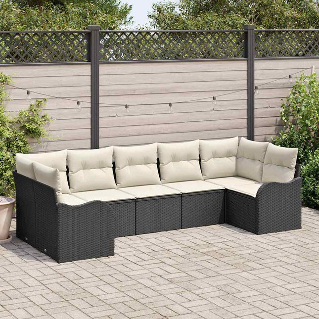 Havesofa Sæt med opbevaring 7 pcs Sort og hvid Poly rattan