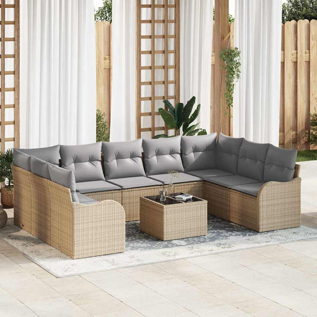Havesofa Sæt med pude 10 pcs beige og lysegrå Poly rattan
