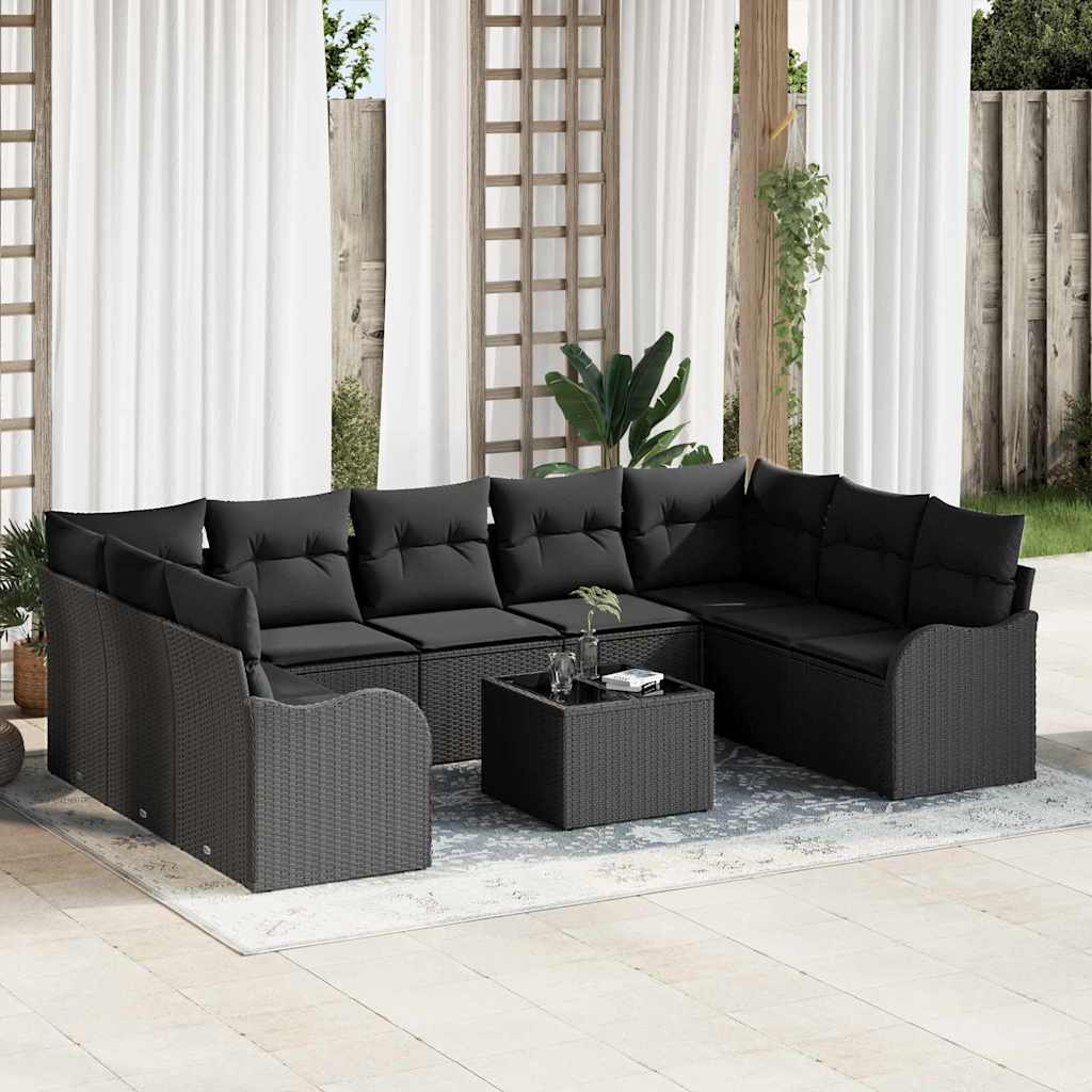 Havesofa Sæt med pude 10 pcs Sort Poly rattan